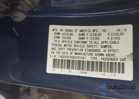 2016 Honda Accord Lx from USA, damaged, VIN 1HGCR2F3XGA231087